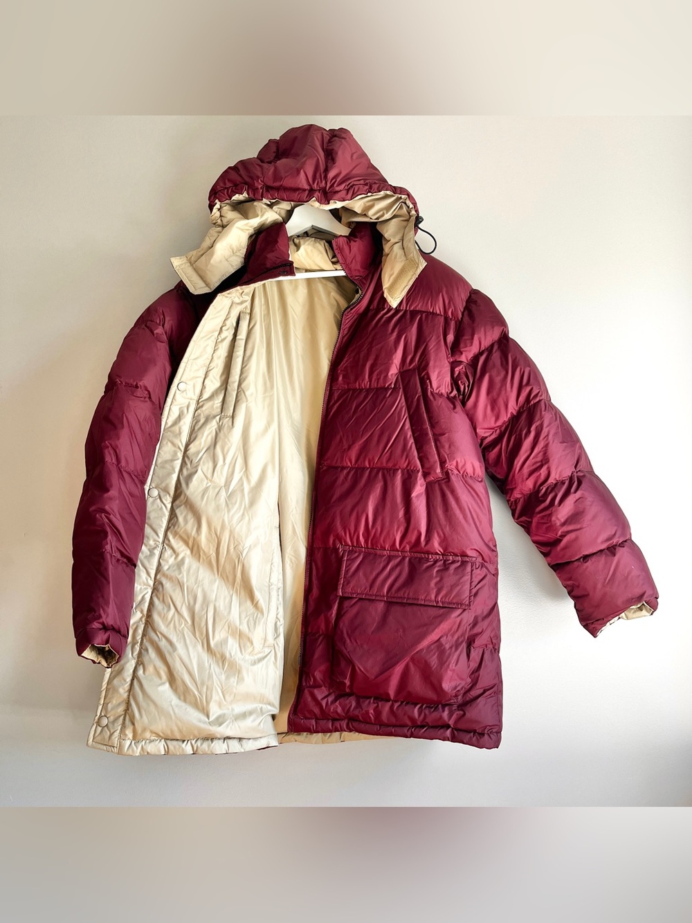 Lands End vintage reversible puffer coat mens large 42 44 down maroon tan hood